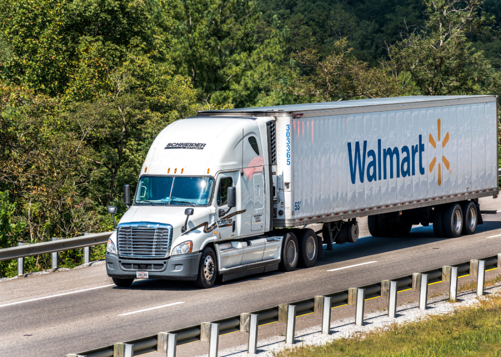 Walmart tractor trailer on the road.