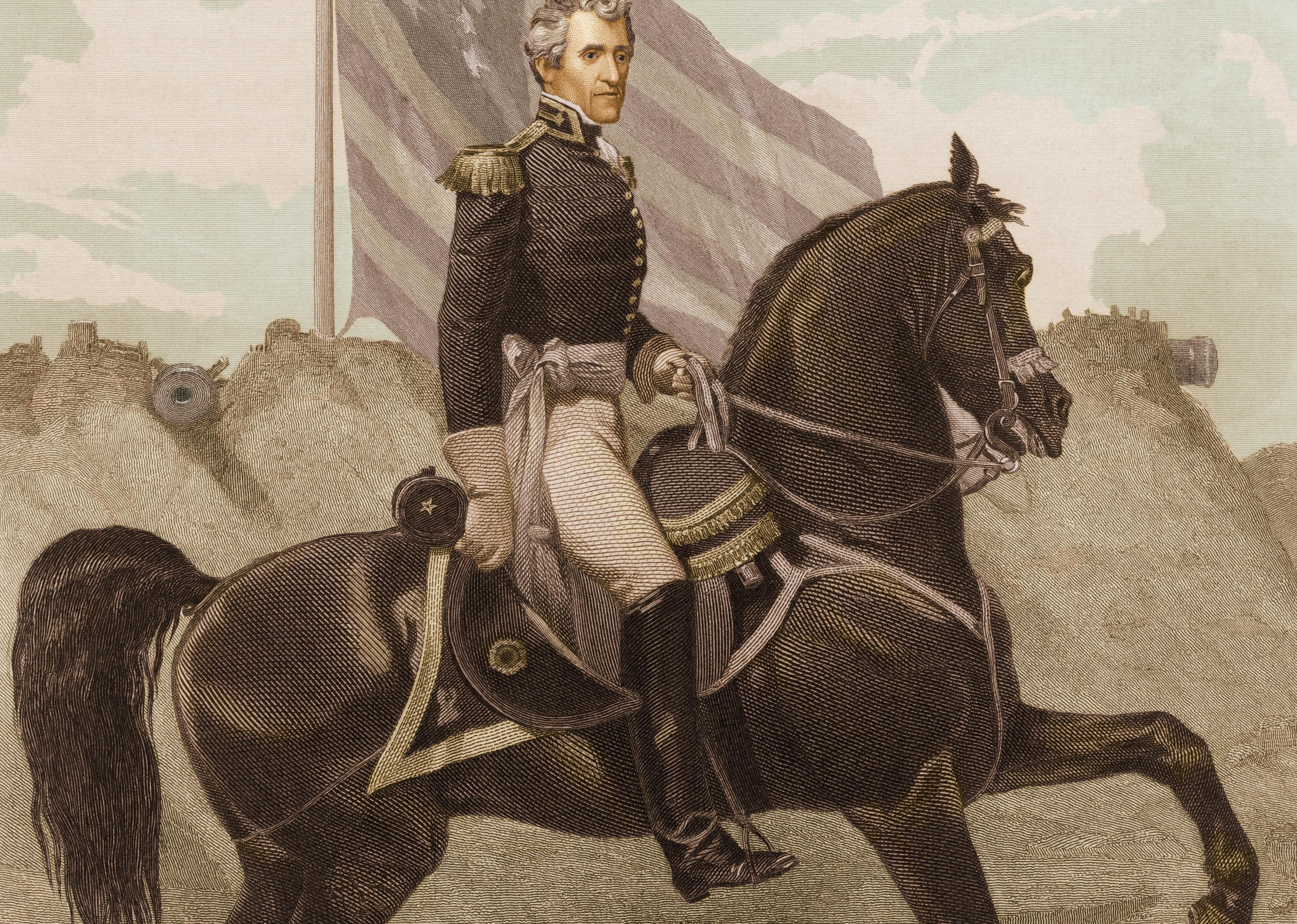 An illustration of Andrew Jackson on horseback in front of an American flag.