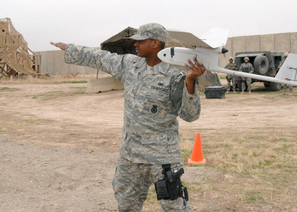Pictured: Senior Airman Glenn Gerald prepares to launch an RQ-11 Raven at Kirkuk Regional Air Base, Iraq