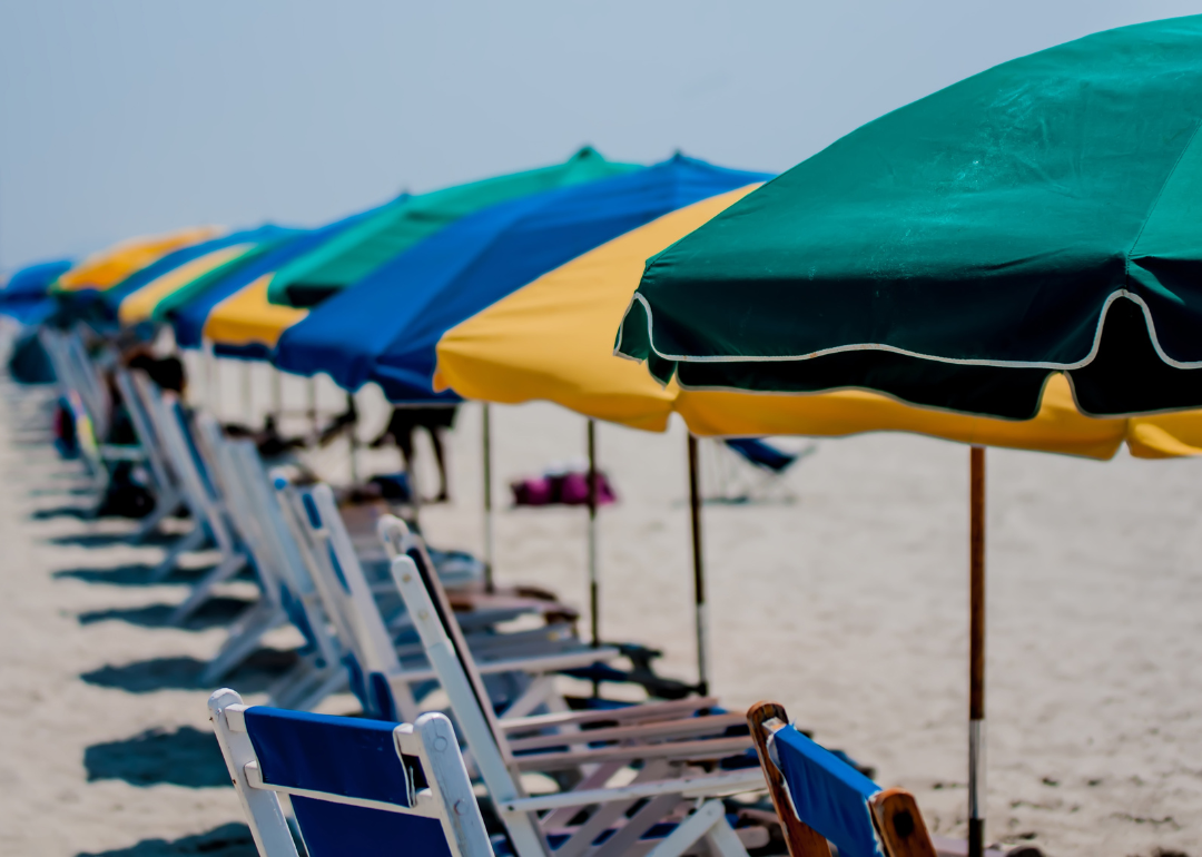A long line of chairs and umbrellas on the beach.