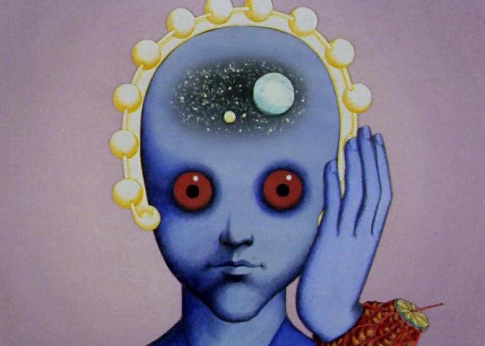Blue outline of head with red eyes and planets on the forehead.