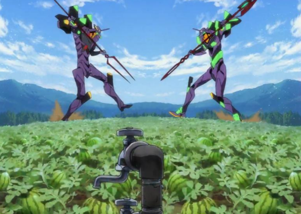 Large purple and green beings spearing the ground in a melon field.