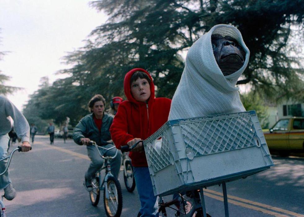 A little boy in a red sweater riding his bike with an alien covered up in the basket in front, followed by other kids on bikes.