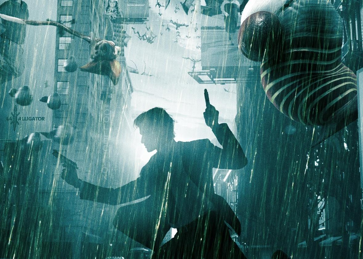 A man in a suit runs through the rain with two guns in his hands in a futuristic city setting.