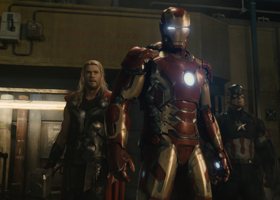 Robert Downey Jr., Chris Evans, and Chris Hemsworth in a scene from "Avengers: Age of Ultron"
