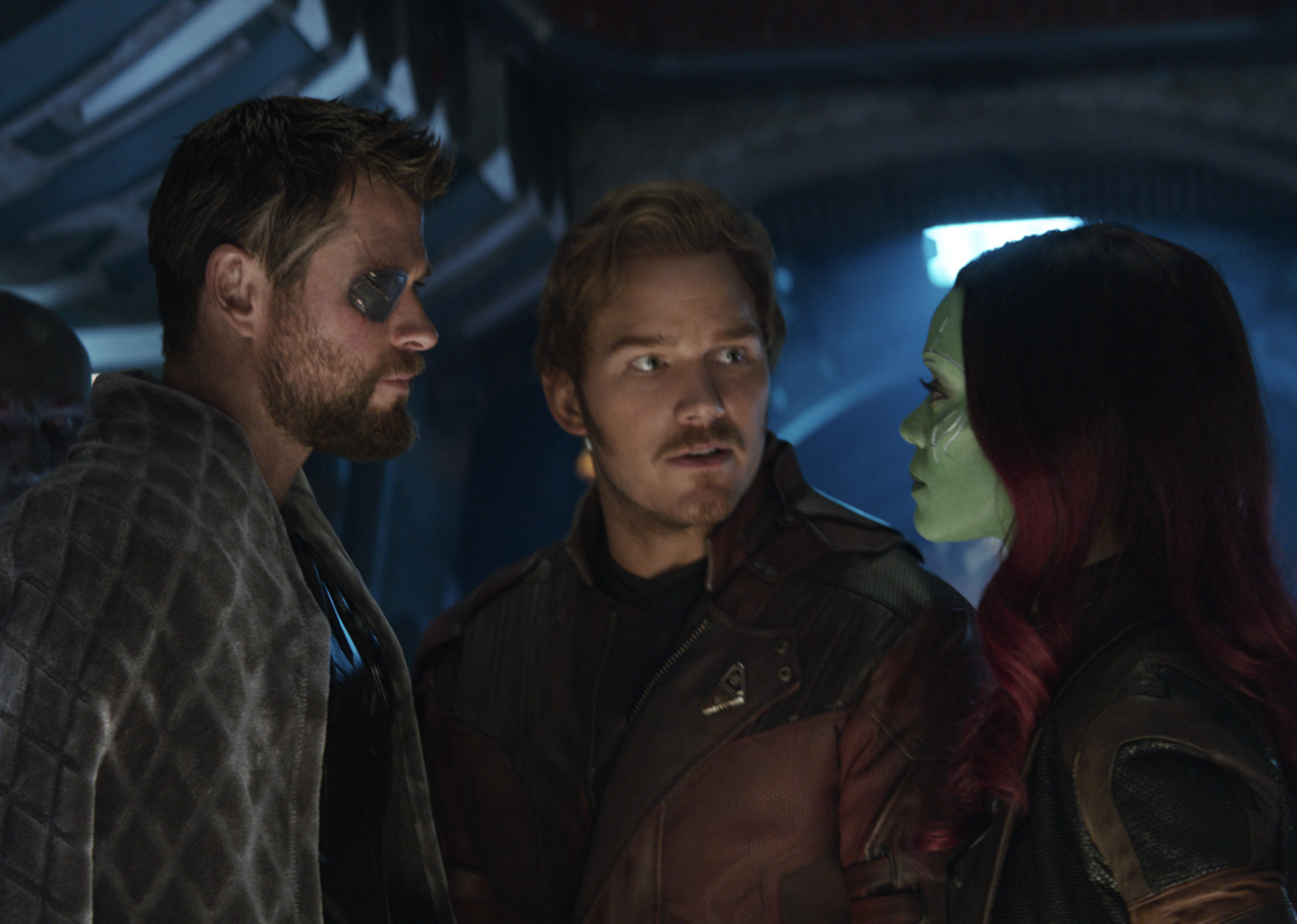Chris Pratt, Zoe Saldana, Chris Hemsworth, and Dave Bautista in "Avengers: Infinity War"