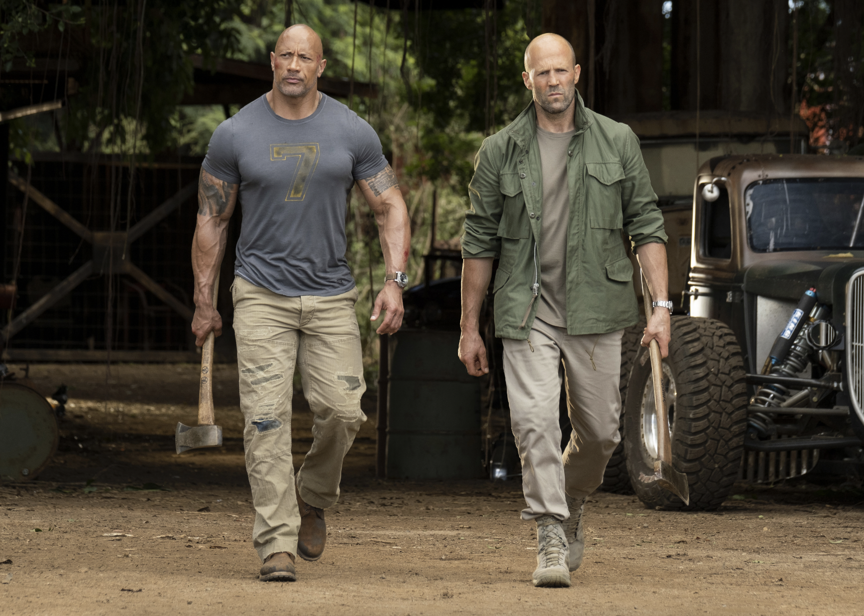 Jason Statham and Dwayne Johnson in "Fast & Furious Presents: Hobbs & Shaw"