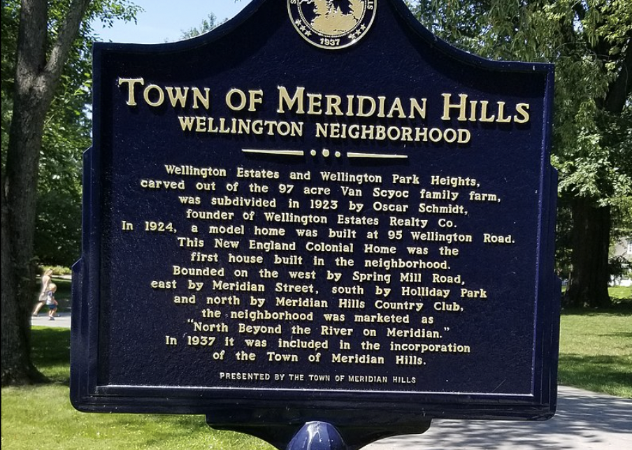 Historical marker describing the history of Meridian Hills, Indiana.
