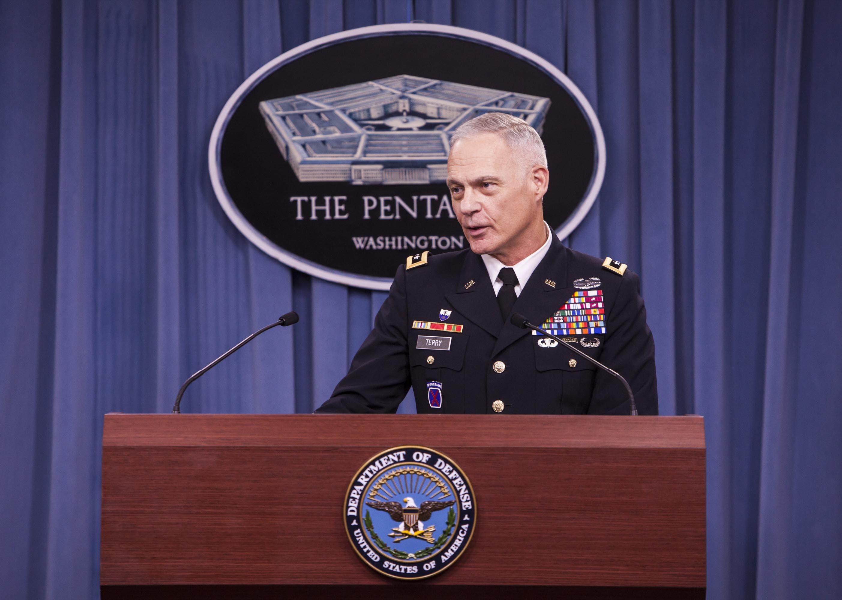 US Army Lt. Gen. James L. Terry, commander of  Operation Inherent Resolve, holds a press briefing at the Pentagon Briefing Room in Arlington, Va.
