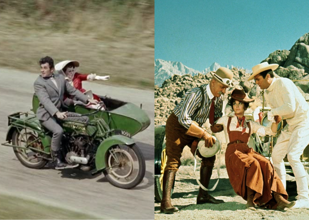 Split screen of scenes from 'Those Magnificent Men in Their Flying Machines' and 'The Great Race' 