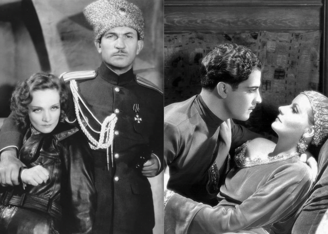 Split screen of scenes from 'Dishonored' and 'Mata Hari' 