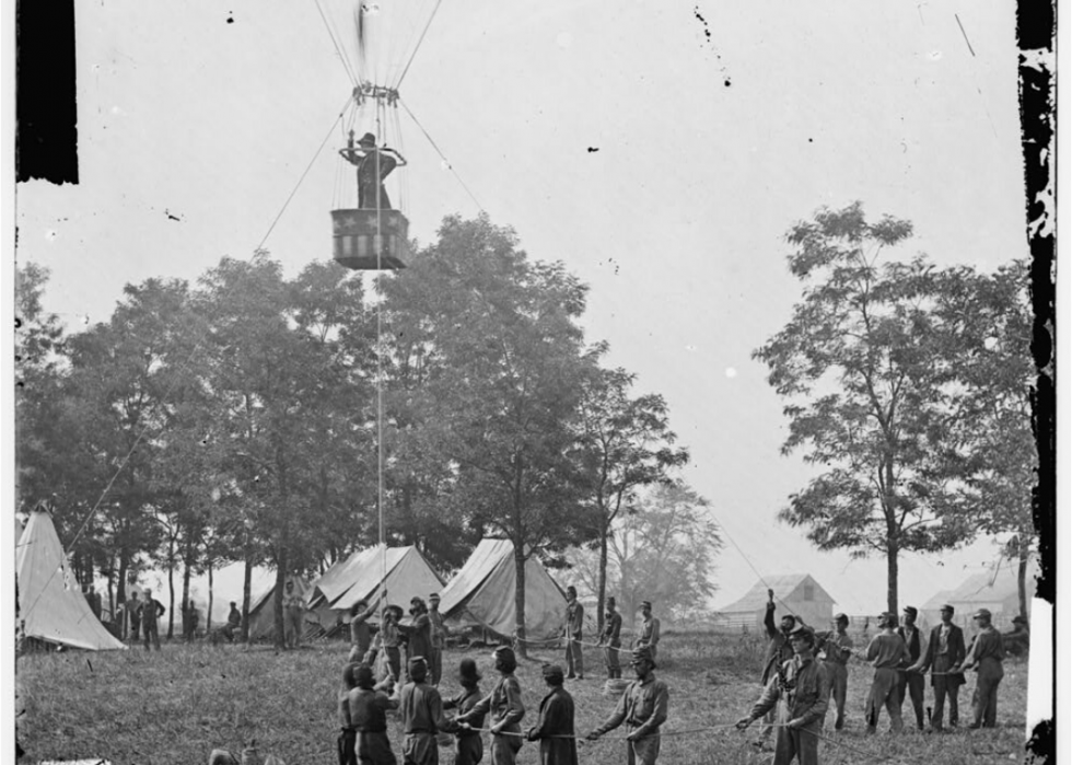 View of balloon ascension. Prof. Thaddeus Lowe observing the Battle of Seven Pines or Fair Oaks from his balloon "Intrepid" on the north side of the Chickahominy River in Virginia