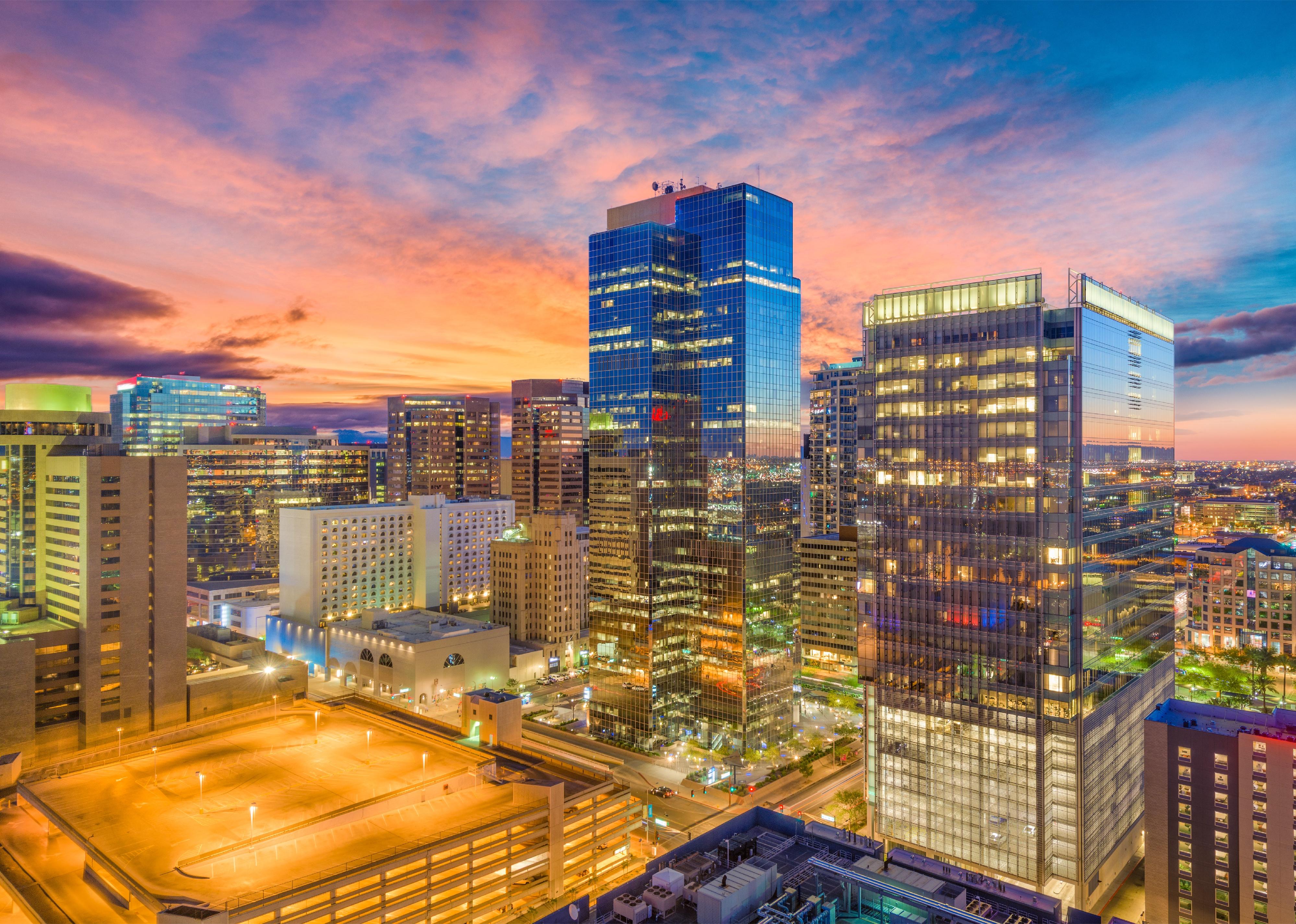 Phoenix cityscape in downtown at sunset.