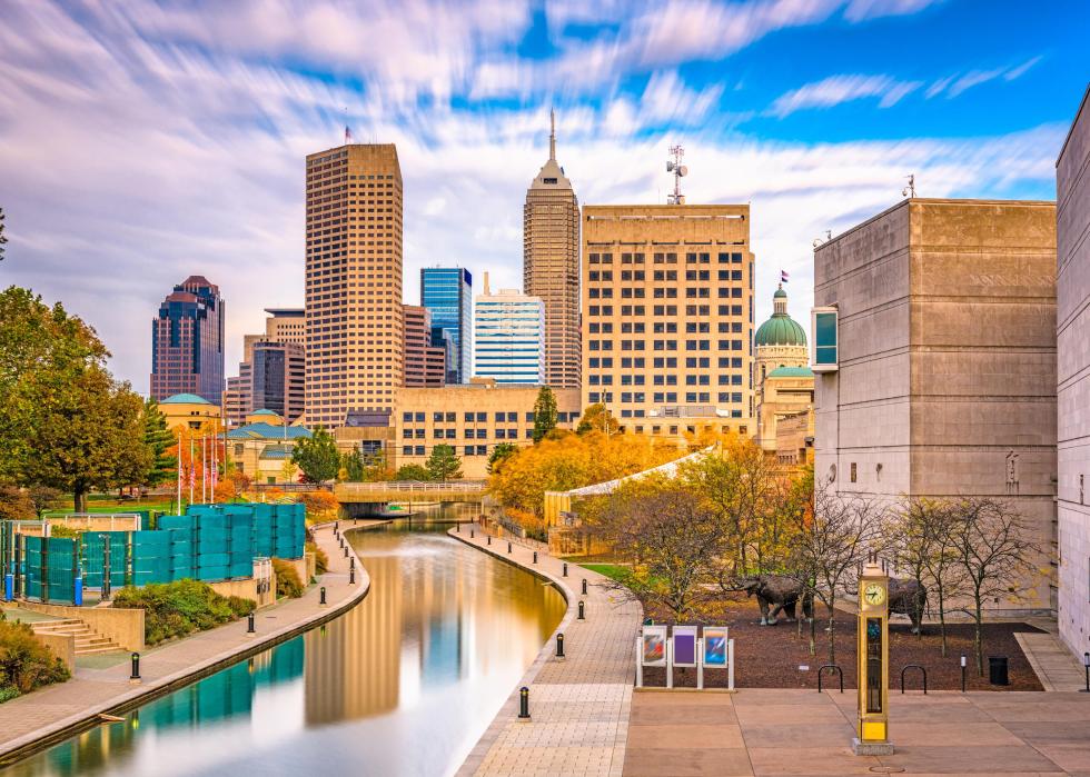 A scenic view of downtown and the Indianapolis Canal Walk.