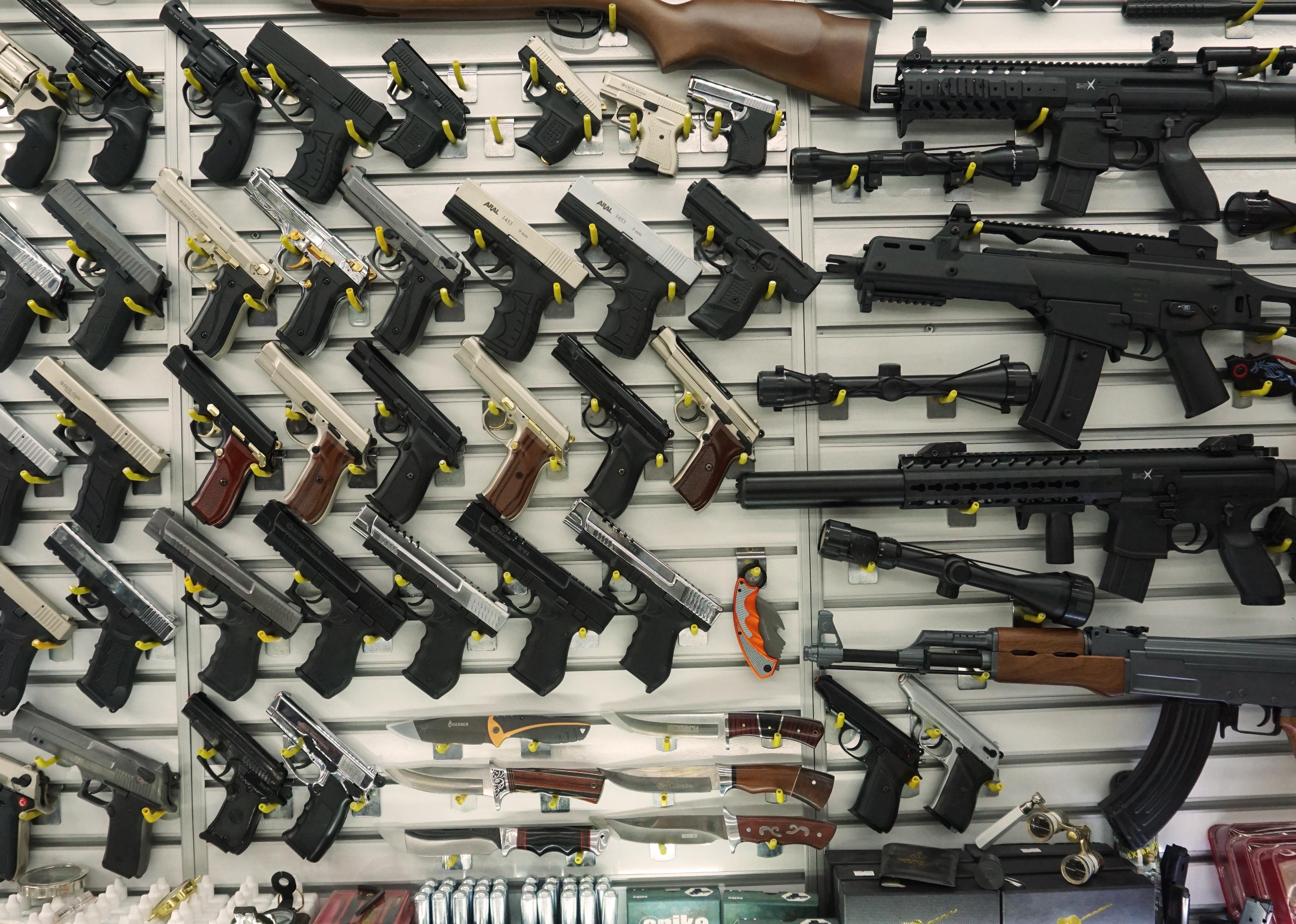 Showcase of a gun shop display.