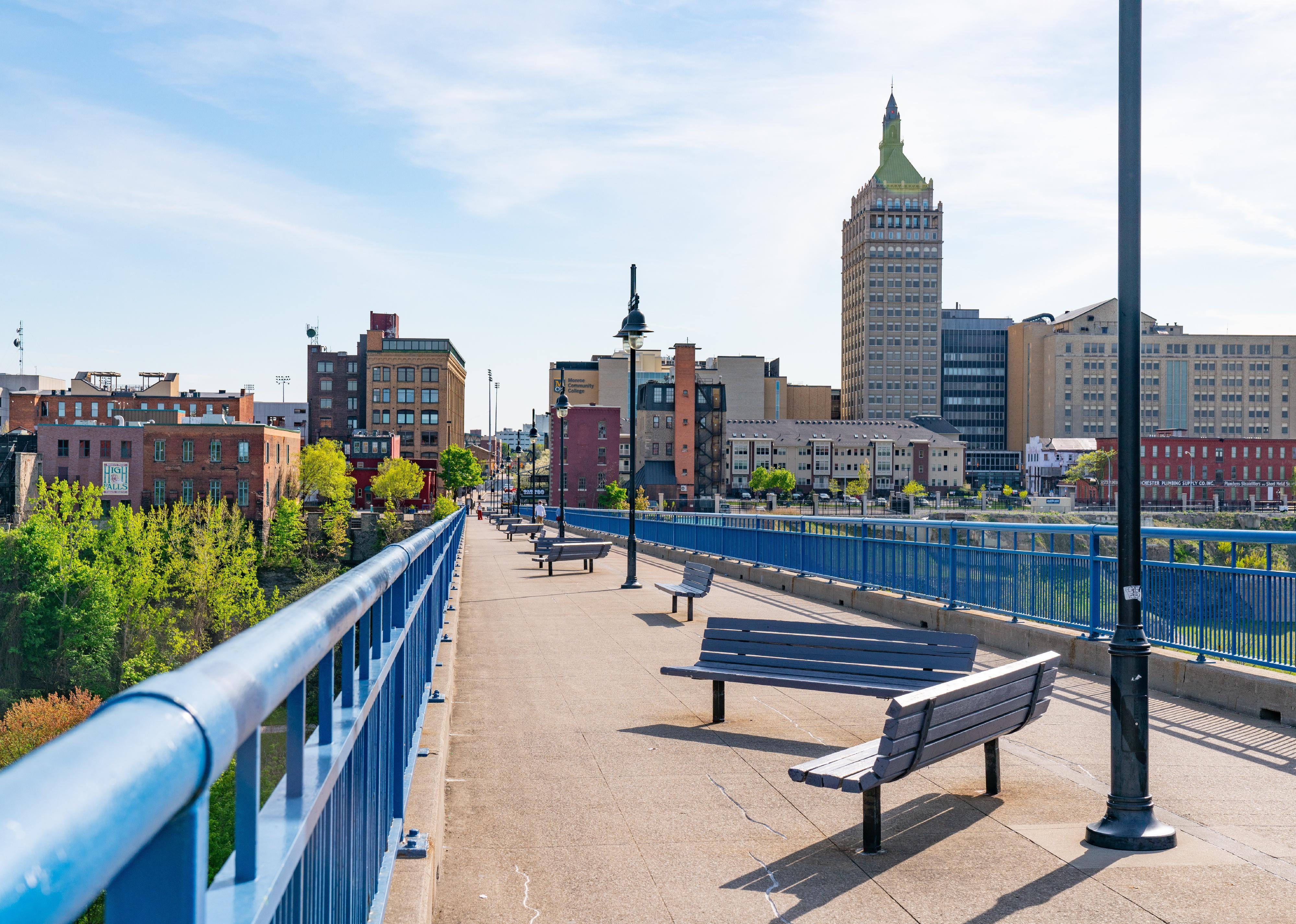 A view of Rochester, New York, from the Pont de Rennes Bridge.