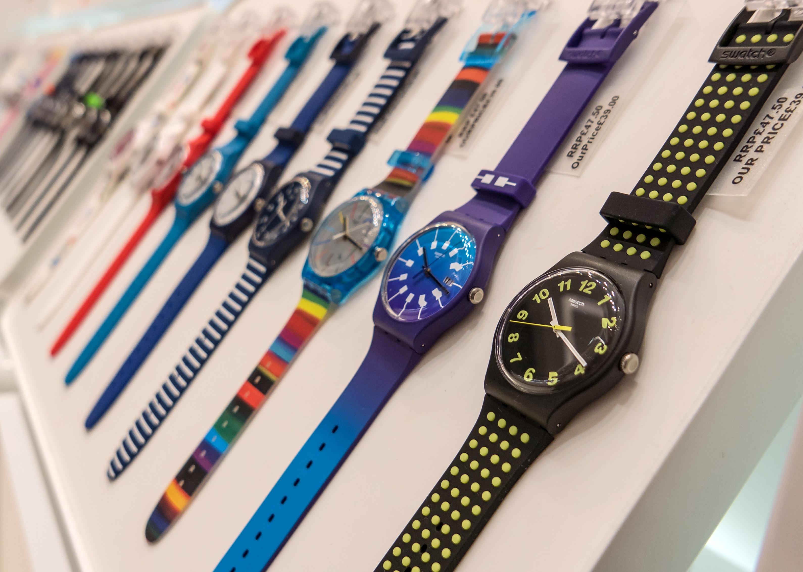 Swatch watches on display.