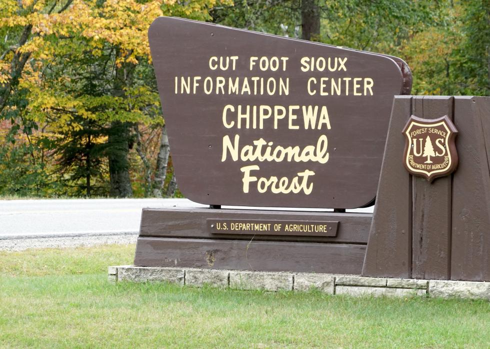 Sign designating entrance of Cut Foot Sioux Information Center Chippewa National Forest.