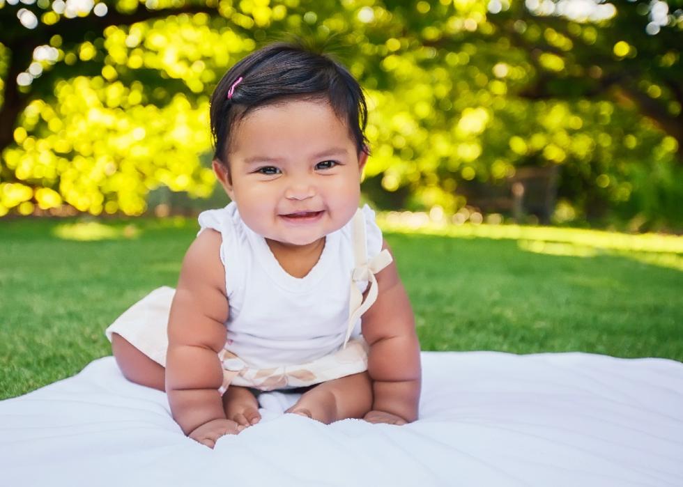 Baby girl with cute smile sitting unsupported .