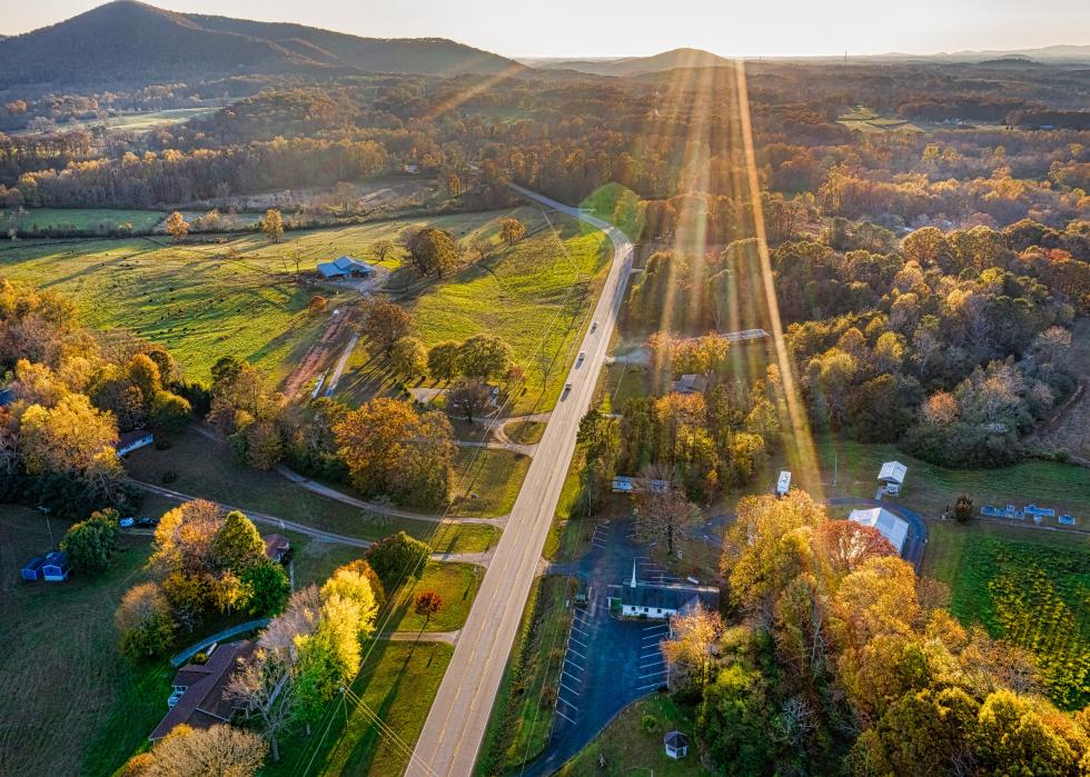 Aerial shot of a rural road in Georgia.