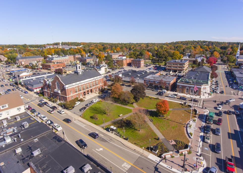 Town Hall and Historic building aerial view in Needham.