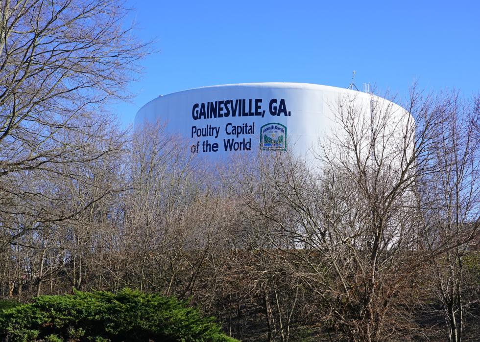 A large water tank that reads, Gainesville, Georgia, poultry capital of the world. 