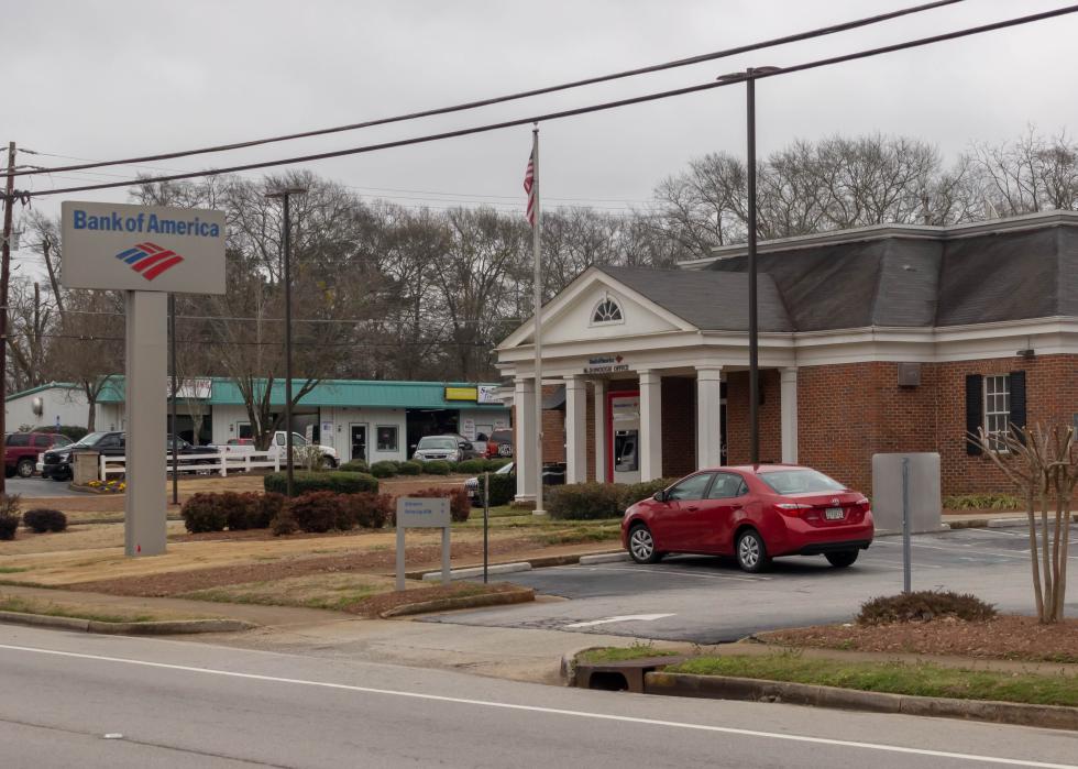 A view of the front of a Bank of America building.