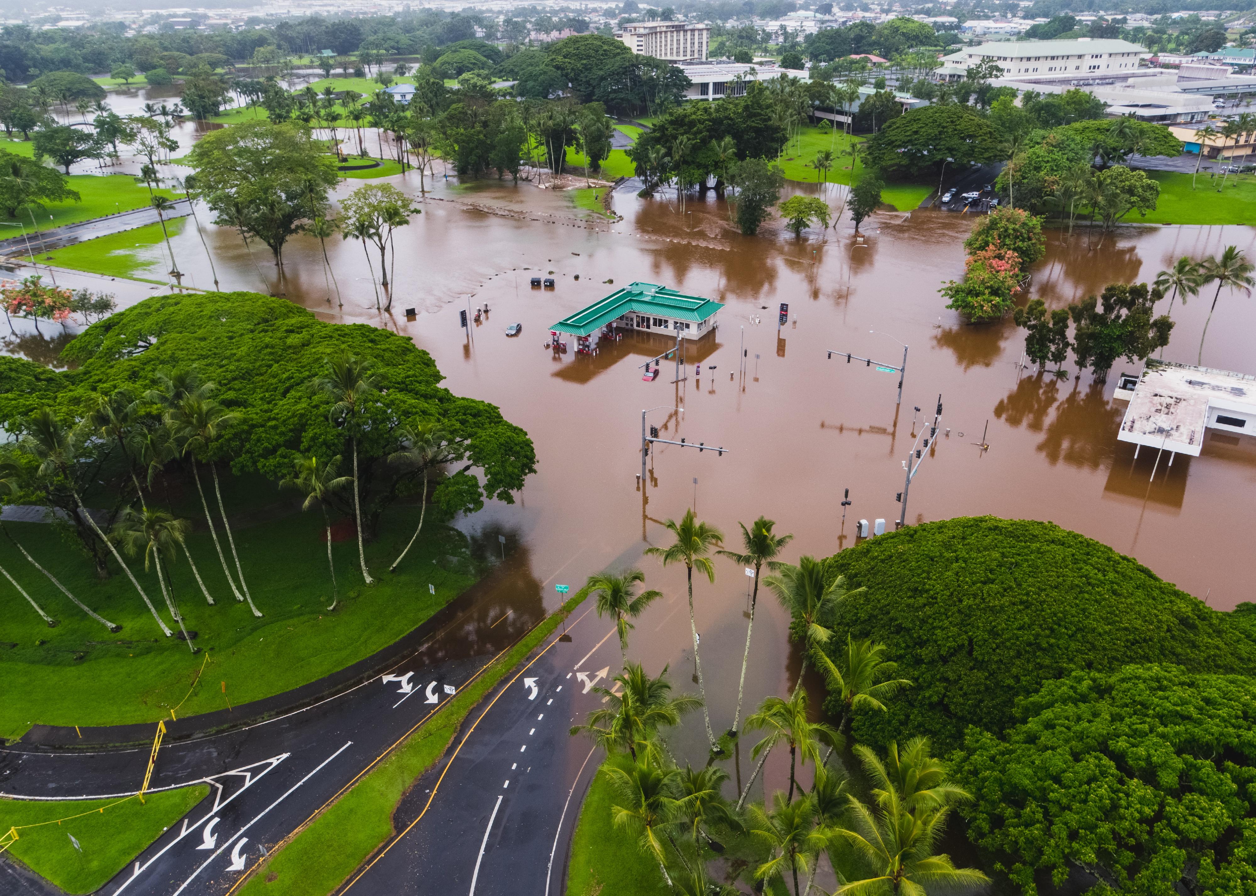 Flooding in Hawaii after a hurricane brought record amounts of rain.