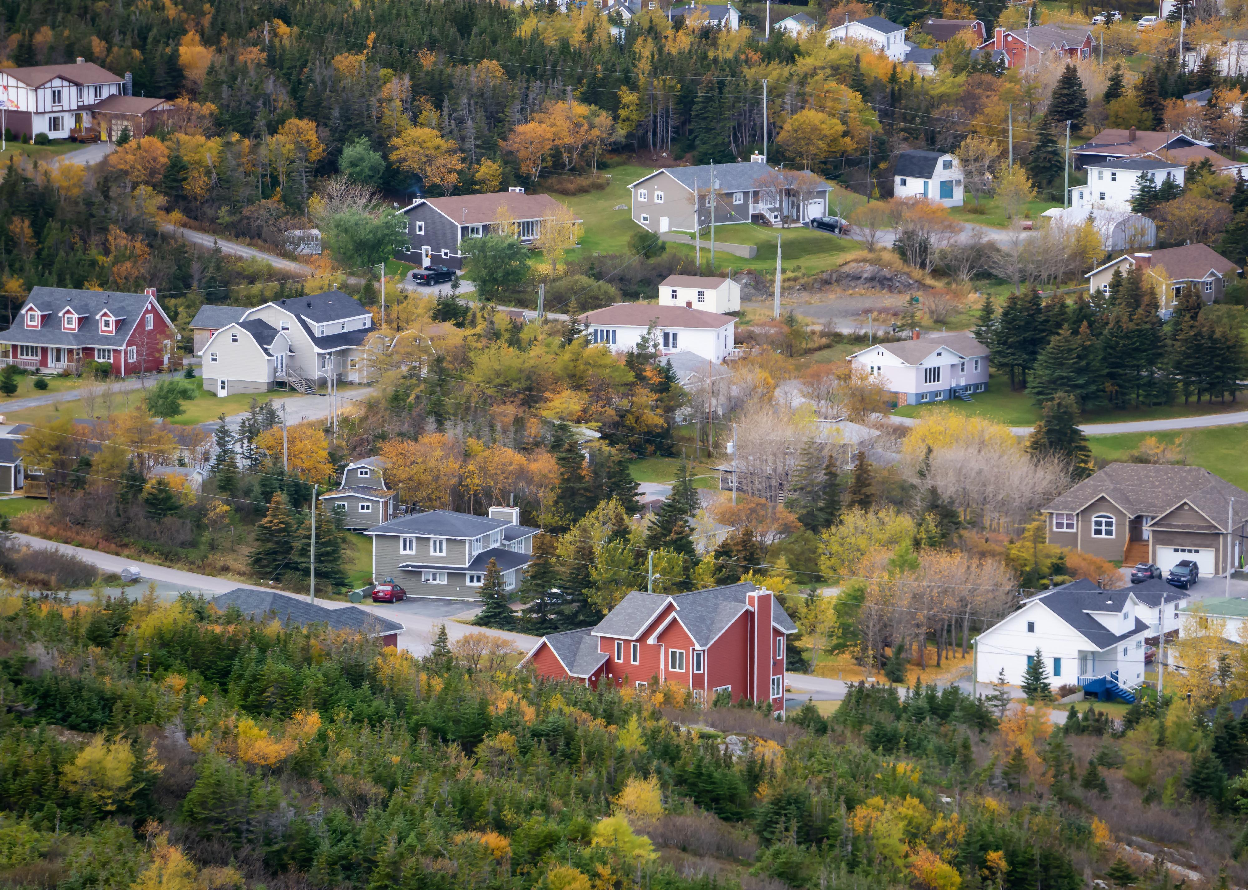 Aerial view of houses in St. Anthony, Newfoundland, Canada