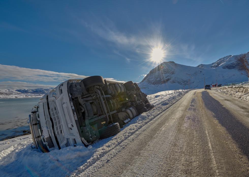 Large truck overturned in snow