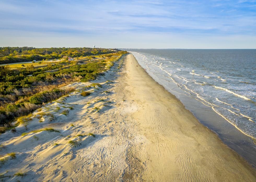 Aerial view of a sunset over the beach in Jekyll Island.