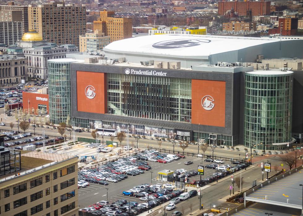 View of Prudential Center arena in downtown Newark