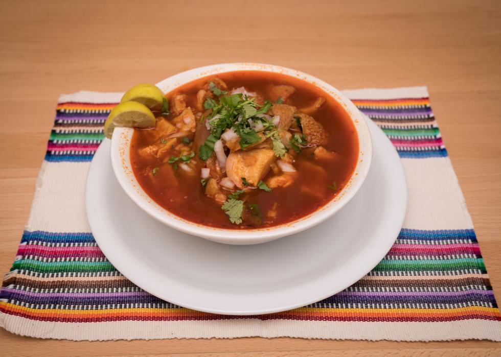 Restaurant style traditional Menudo soup in a bowl.
