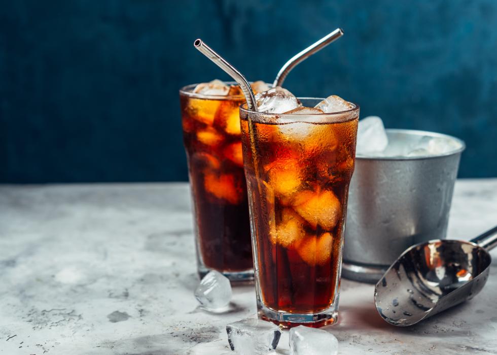Cold brew coffee in a two glasses with metal straws