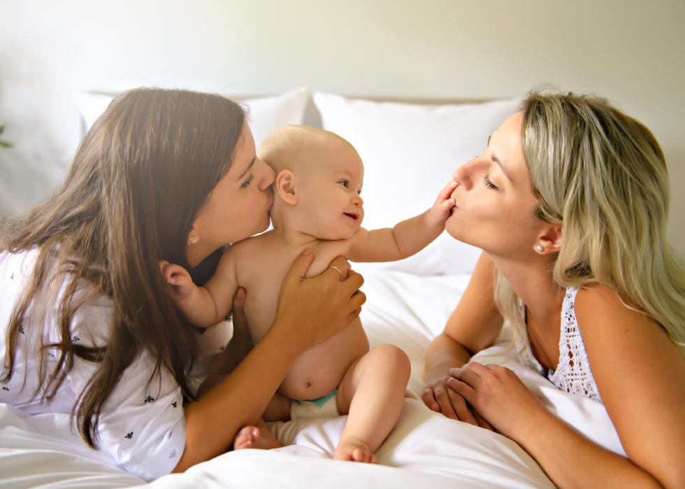 Two women on bed playing with baby