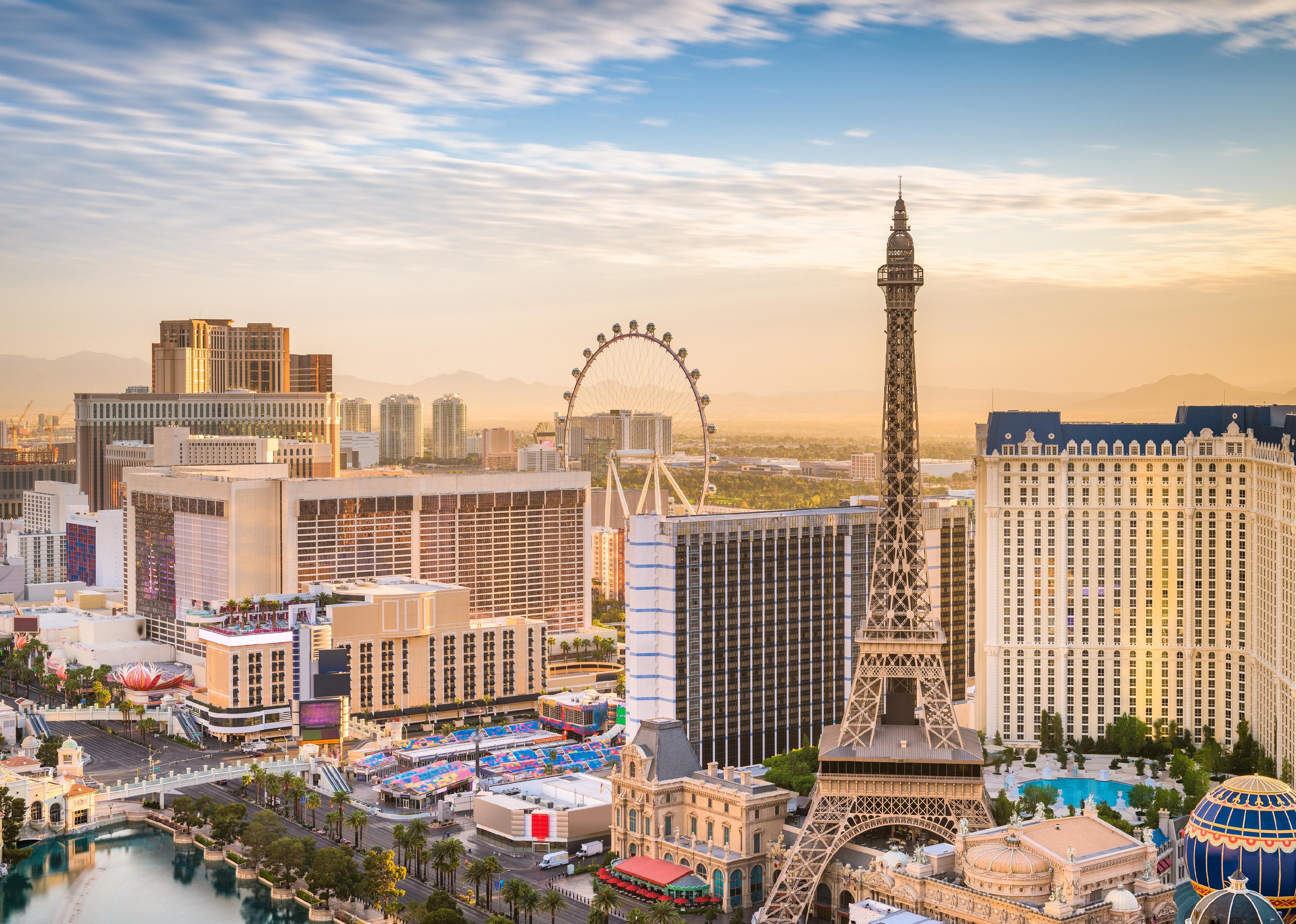 Las Vegas skyline over the strip at dusk.