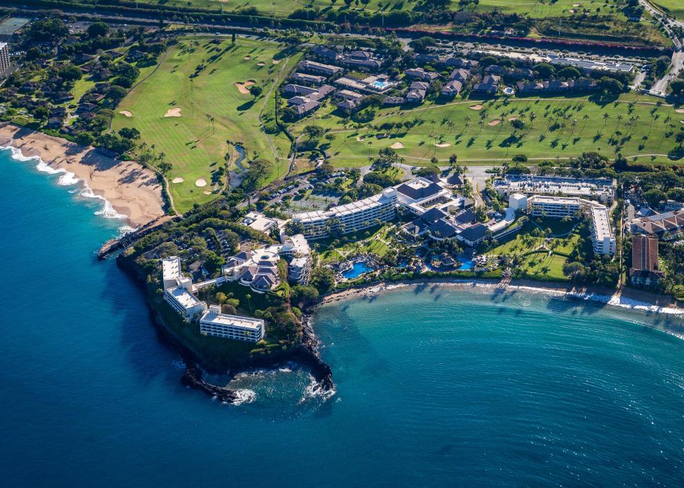Aerial view on Kaanapali with beaches, resorts and golf courses.