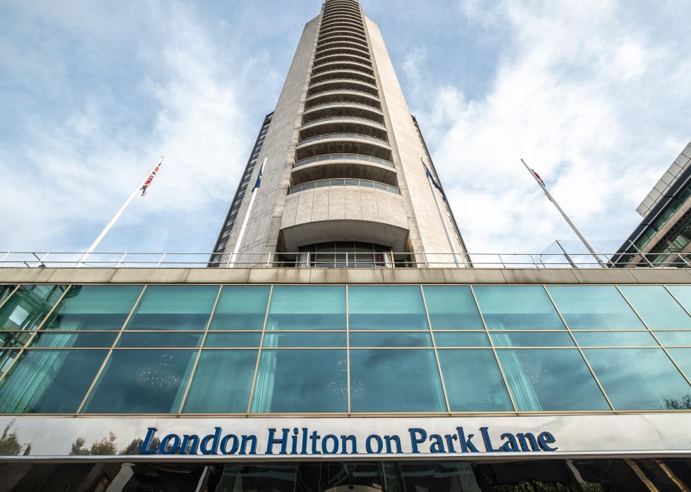 Upward view of London Hilton on Park Lane.