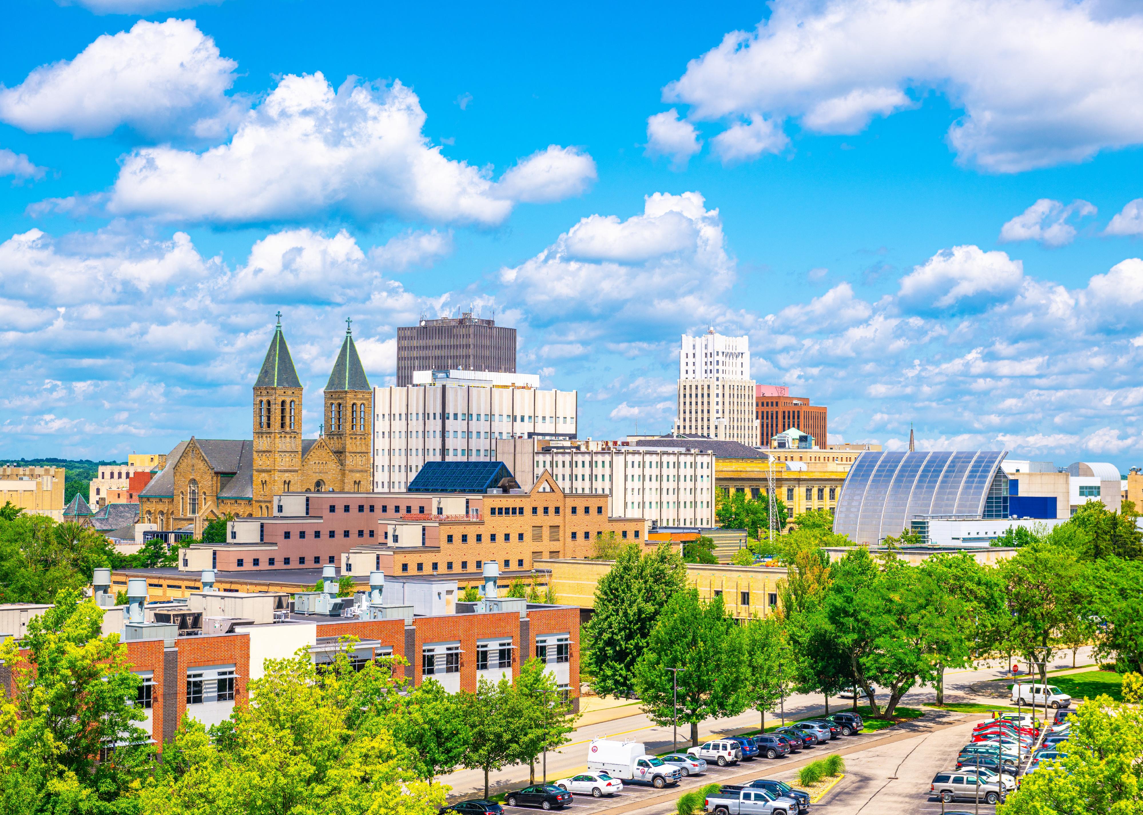 Akron, Ohio, USA downtown city skyline in the daytime..