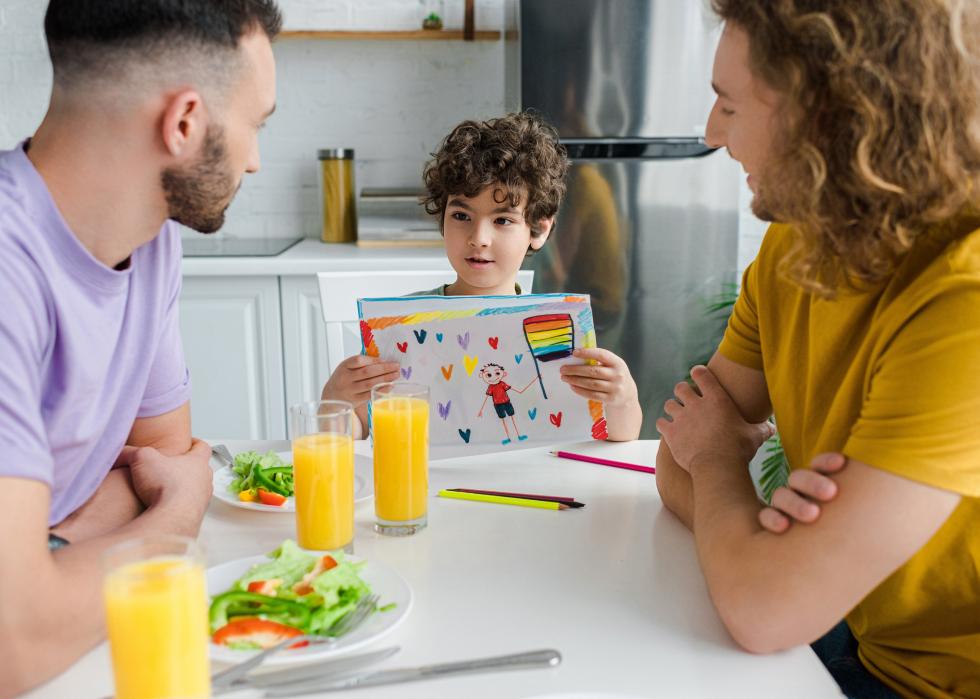Kid holding picture with LGBTQ+ flag near happy parents