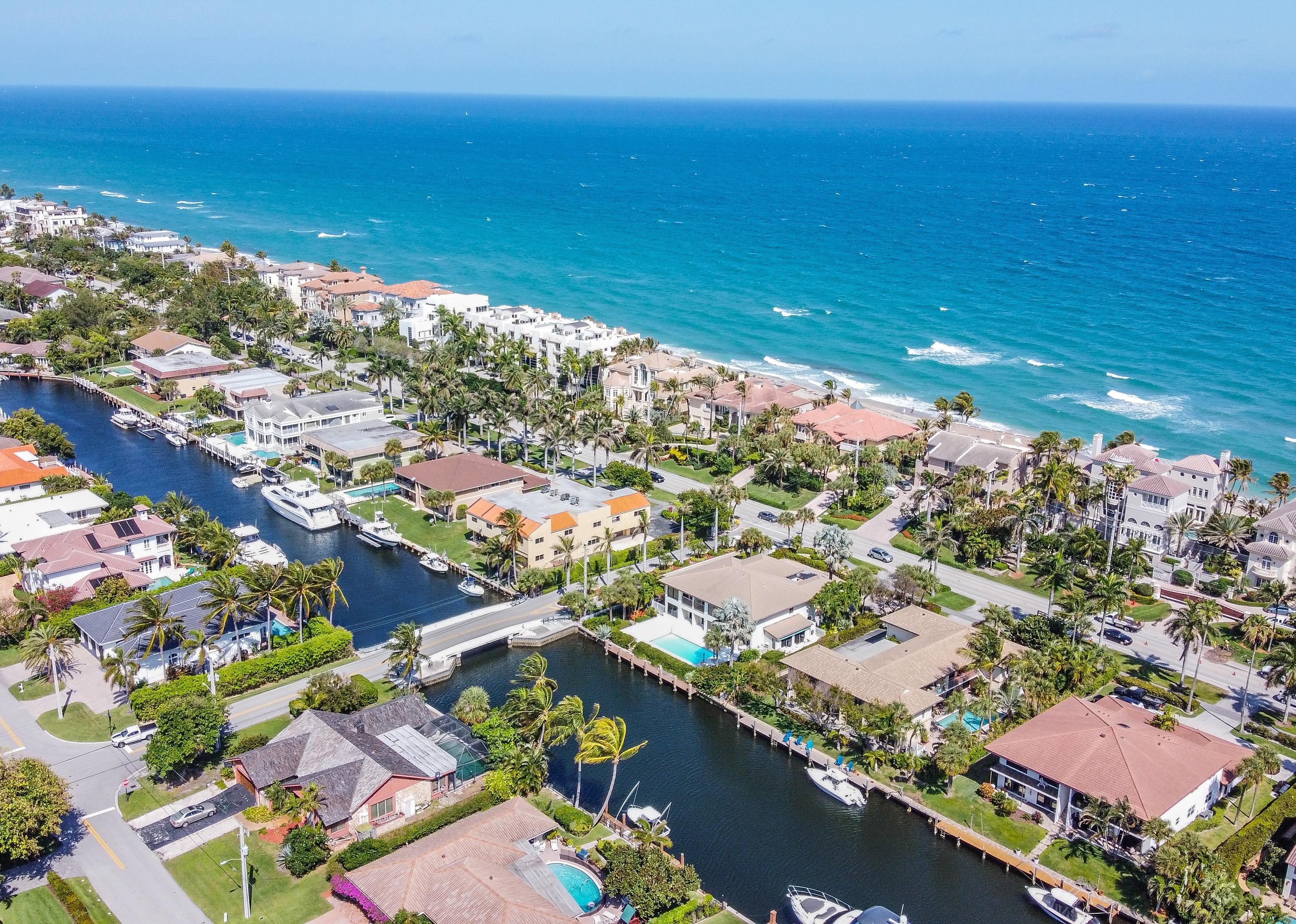 Aerial view of ocean front homes.