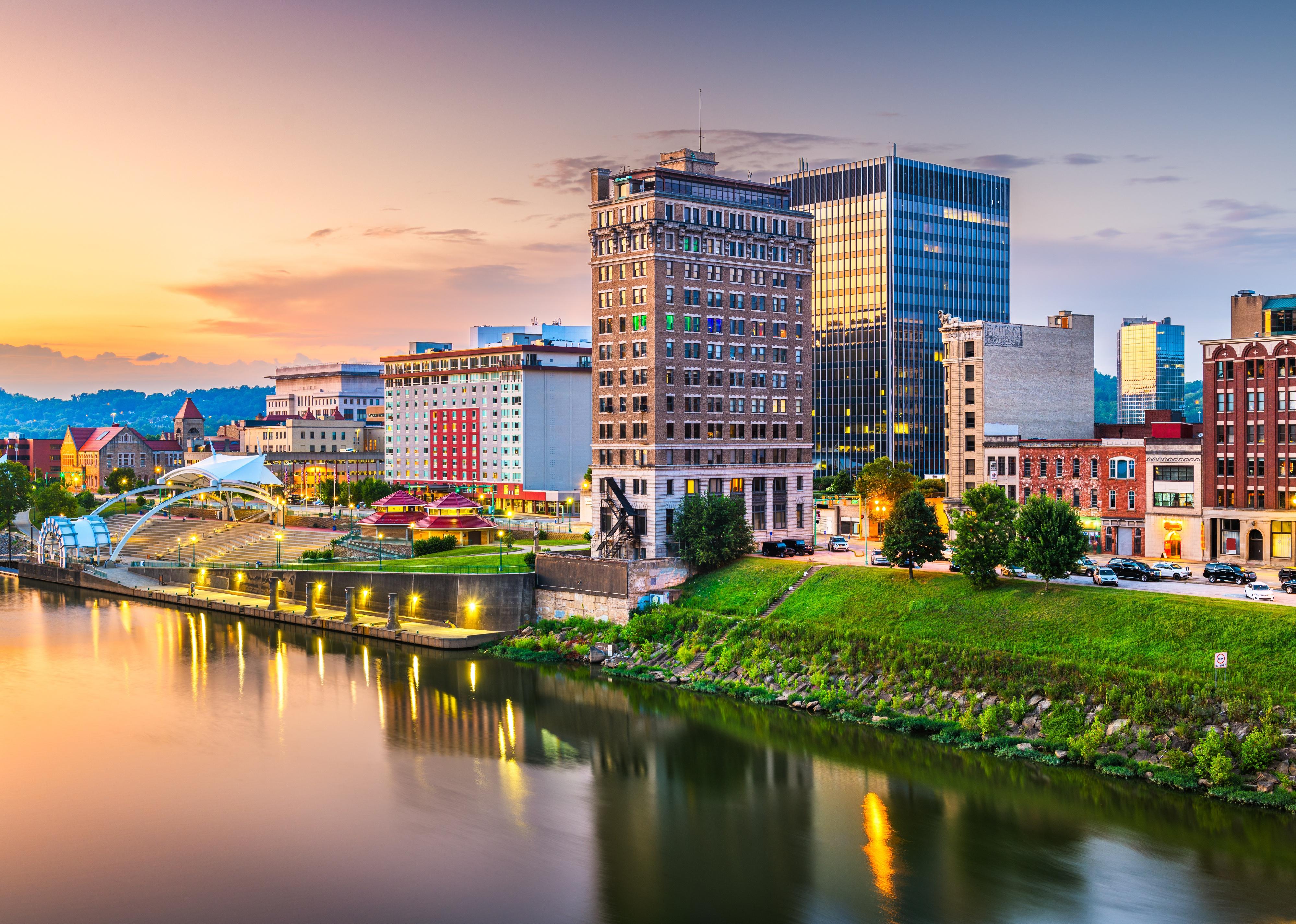 Charleston, West Virginia downtown skyline on the river at dusk