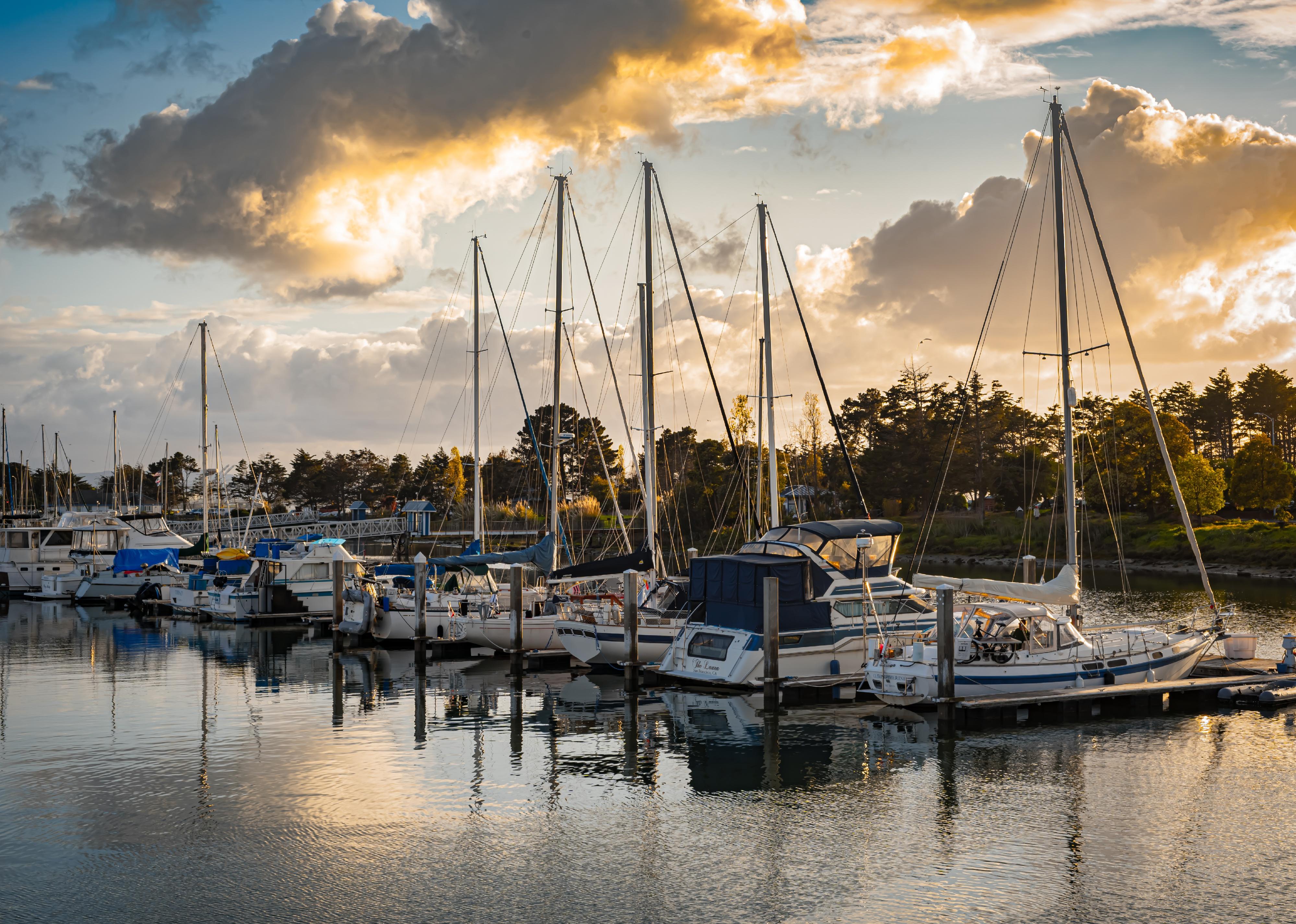 Emeryville Marina before sunset, with dramatic clouds.