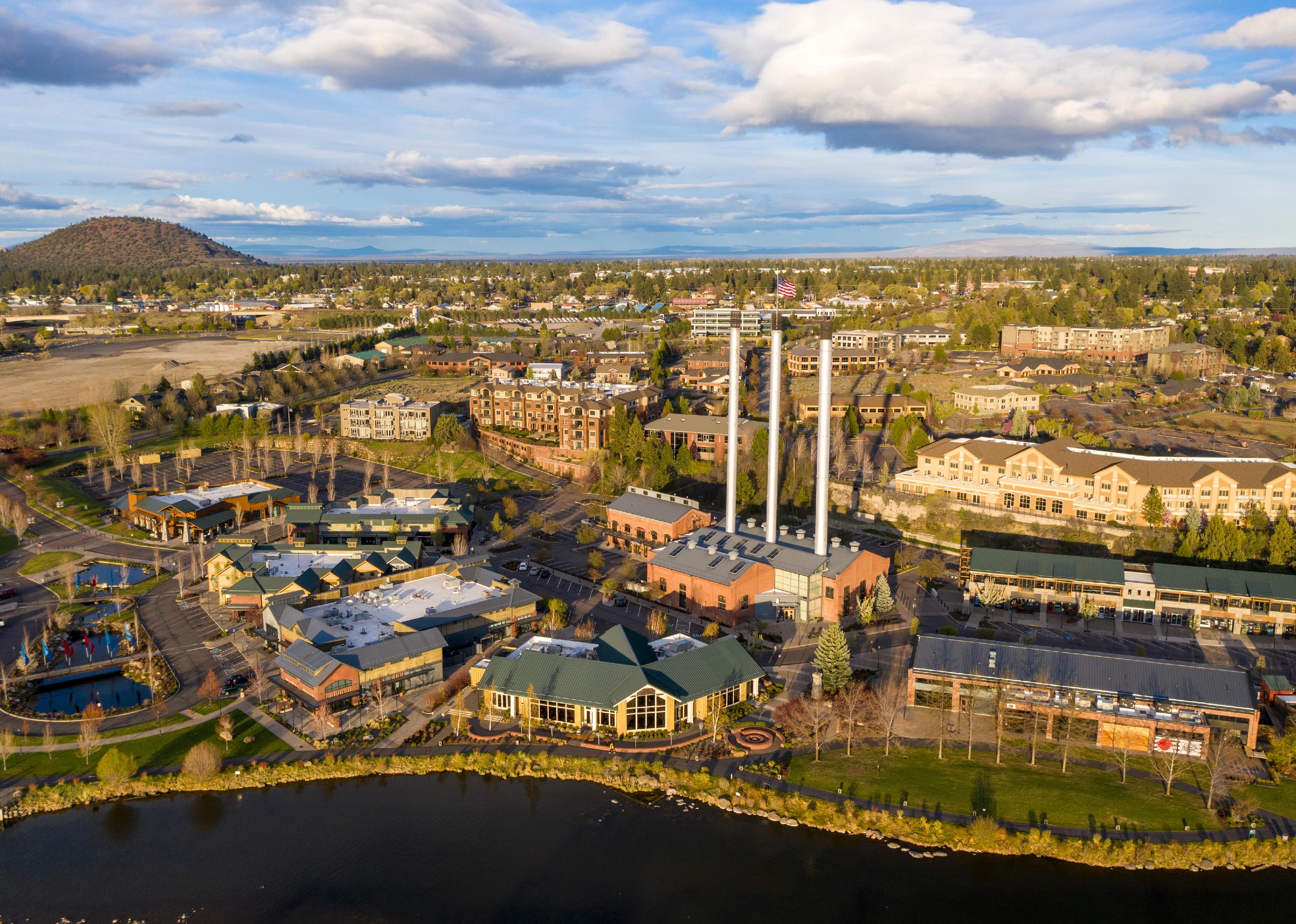 Aerial view of the Old Mill District in Bend.
