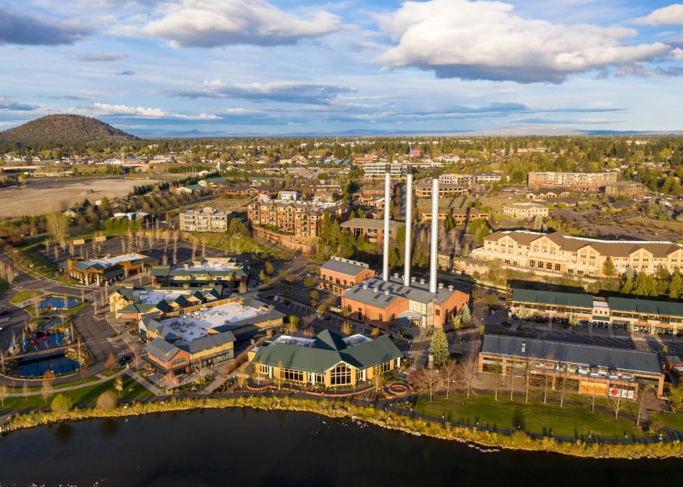 Aerial view of the Old Mill District in Bend