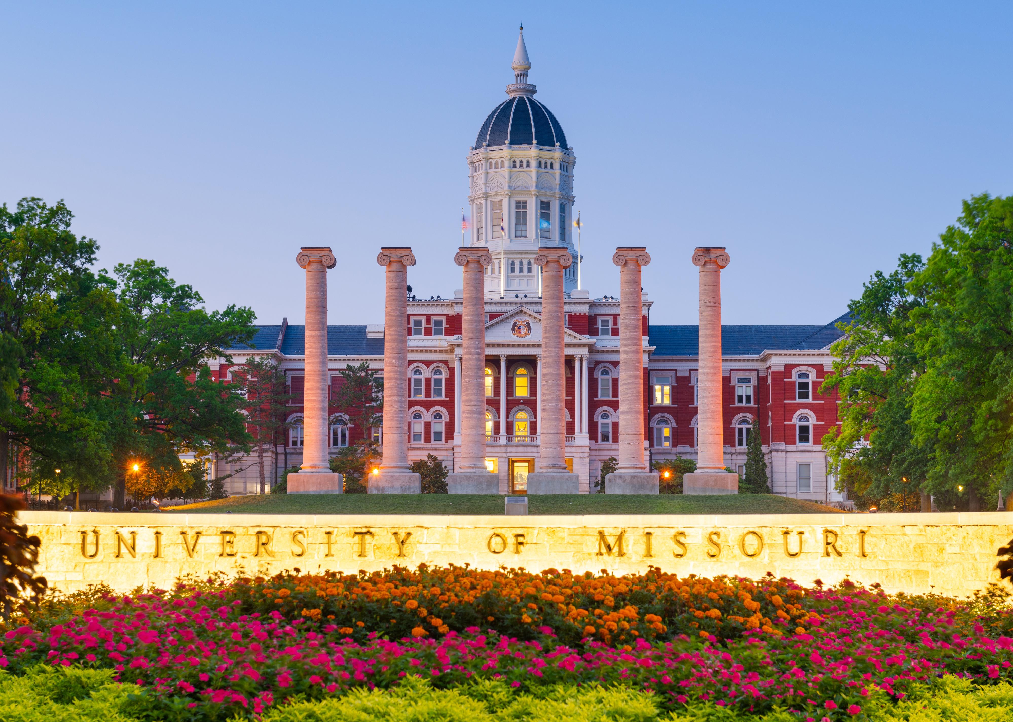 University of Missouri campus and main sign at Francis Quadrangle during twilight.