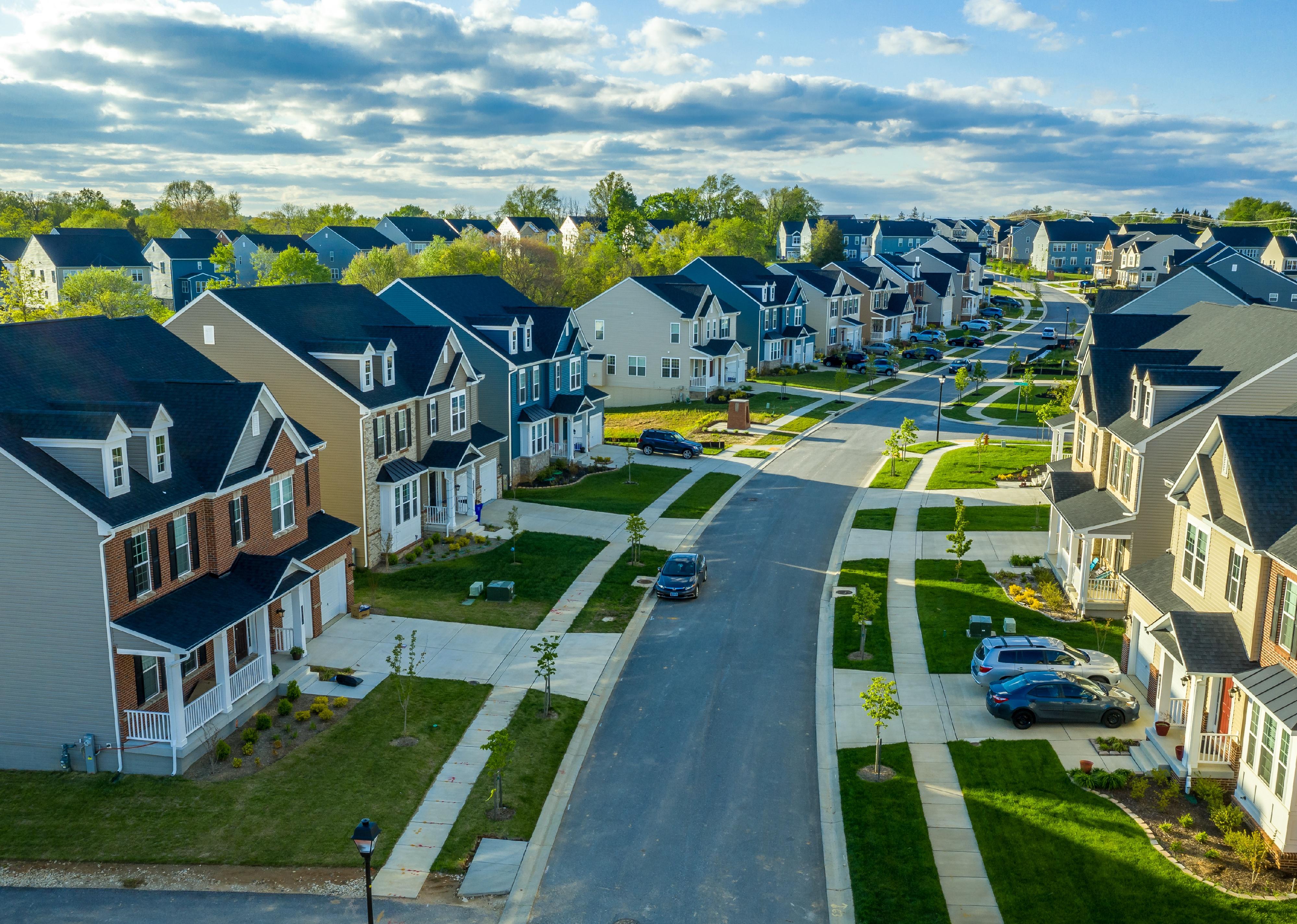 Aerial view of classic upper middle class neighborhood street in Maryland.