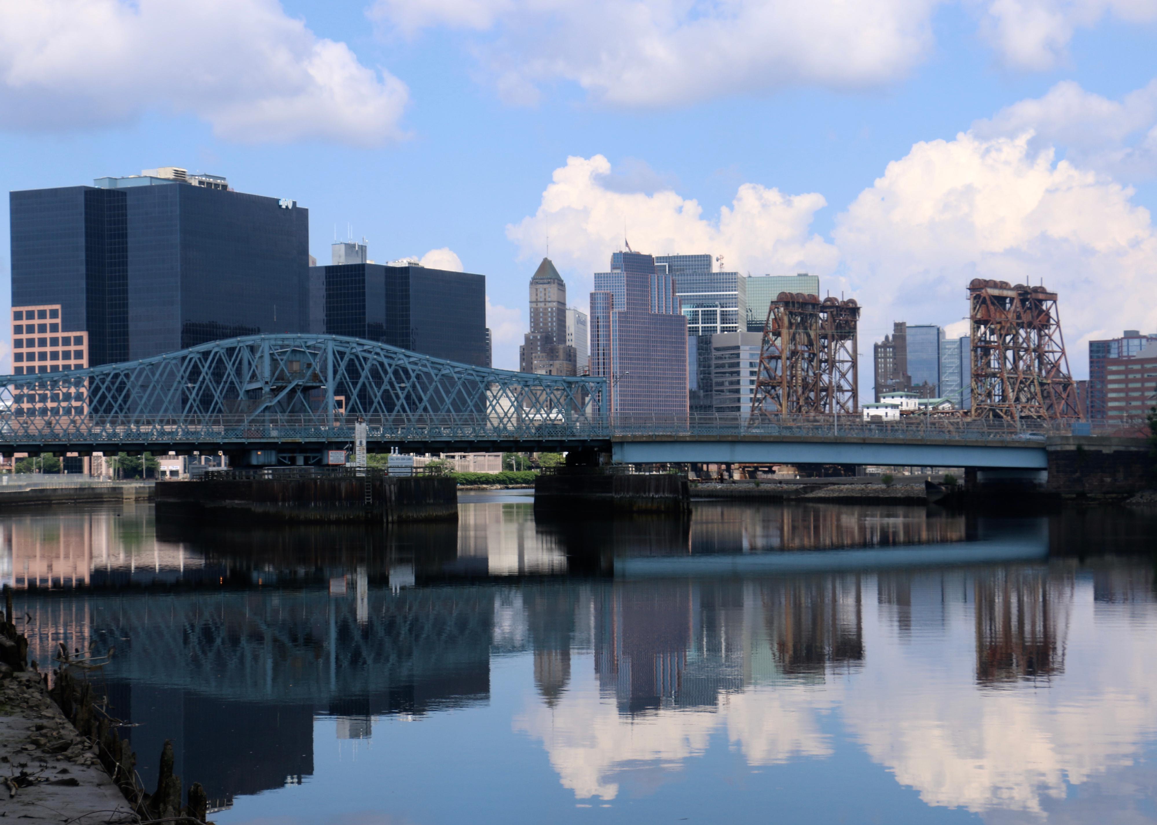 View of bridges on the Passaic River and the skyline of downtown Newark