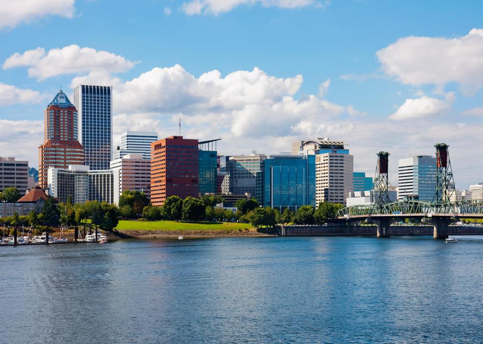 A view of the Hawthorne Bridge leading into downtown Portland.