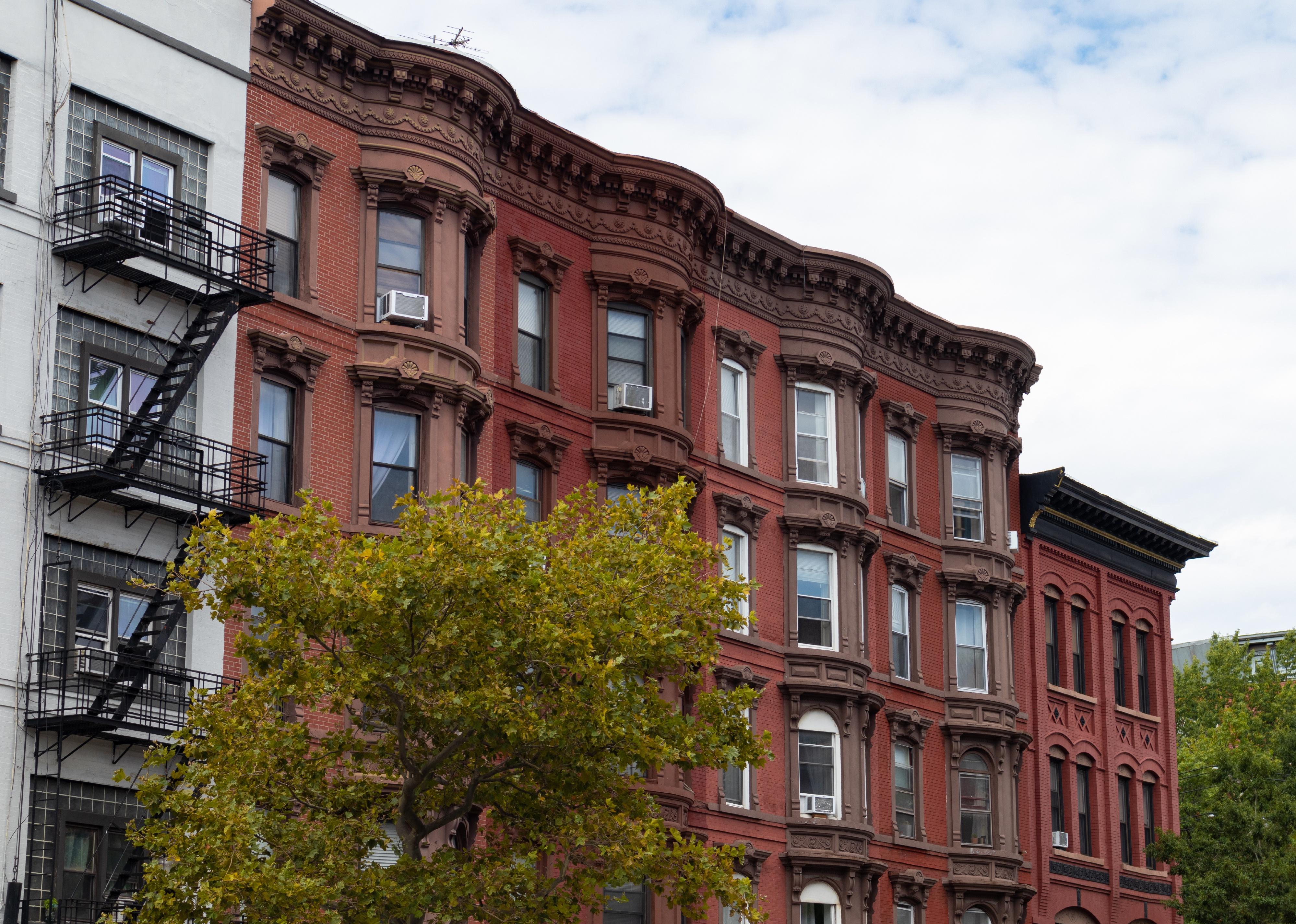 Row of colorful old brownstone buildings in Hoboken, New Jersey
